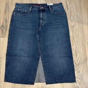 New Lucky Brand Blue Denim Midi Skirt front slit sits at waist 100% Cotton sz 14